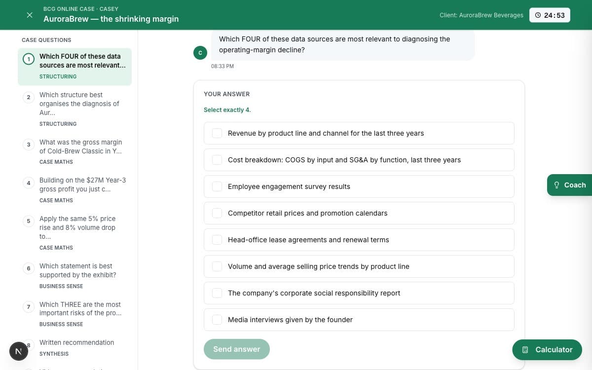 Consulting-style exam screen