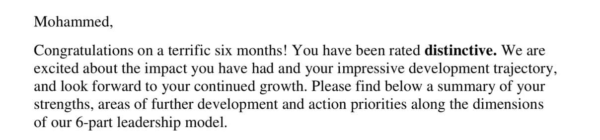 Excerpt from Mo's six-month McKinsey review with names redacted