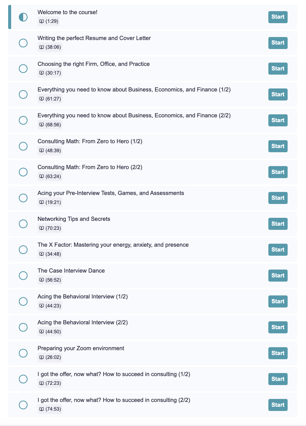 Cut to the Case course dashboard: 12 modules with runtimes, from Introduction to How to succeed in consulting.